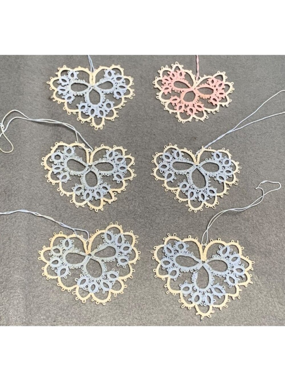 Handmade Tatting Lace Heart Ornaments Set of 6 Embroidered Cotton Decoration
